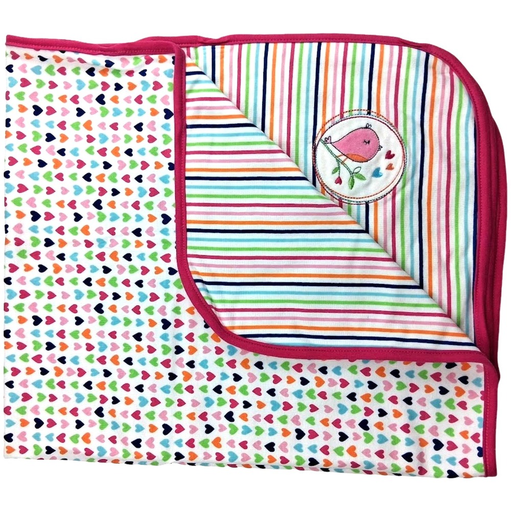 Nursery Rhyme Baby Girl Bird Hearts Stripes Pink Blue Green Blanket Cotton NWT